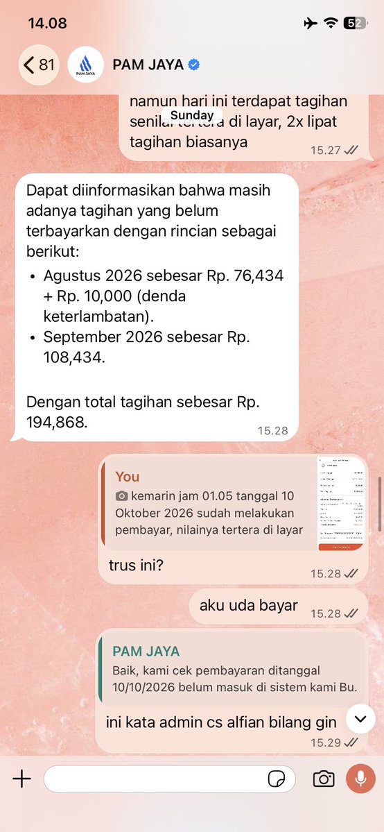 kireldieya's tweet photo. @pamjaya_dki @ShopeePay_ID @ShopeeID chat cs @pamjaya_dki (part 2), beliau bilang tagihan agustus belum dibayar. padahalll uda dibayar lewat @ShopeePay_ID @ShopeeID https://t.co/3BDZbEHl0Q