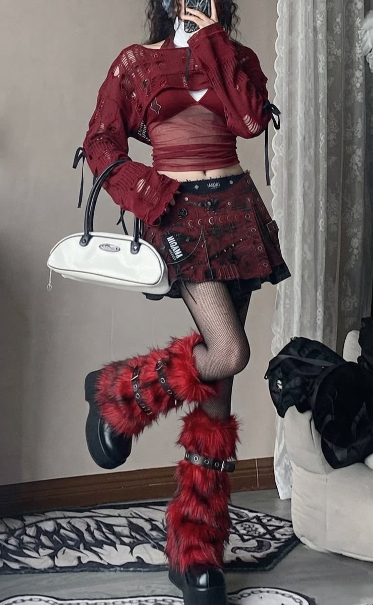 crimsonheirloom's tweet photo. burgundy goth vibes with distressed layers, fishnets, and bold furry boots https://t.co/0BfVZC8v0M