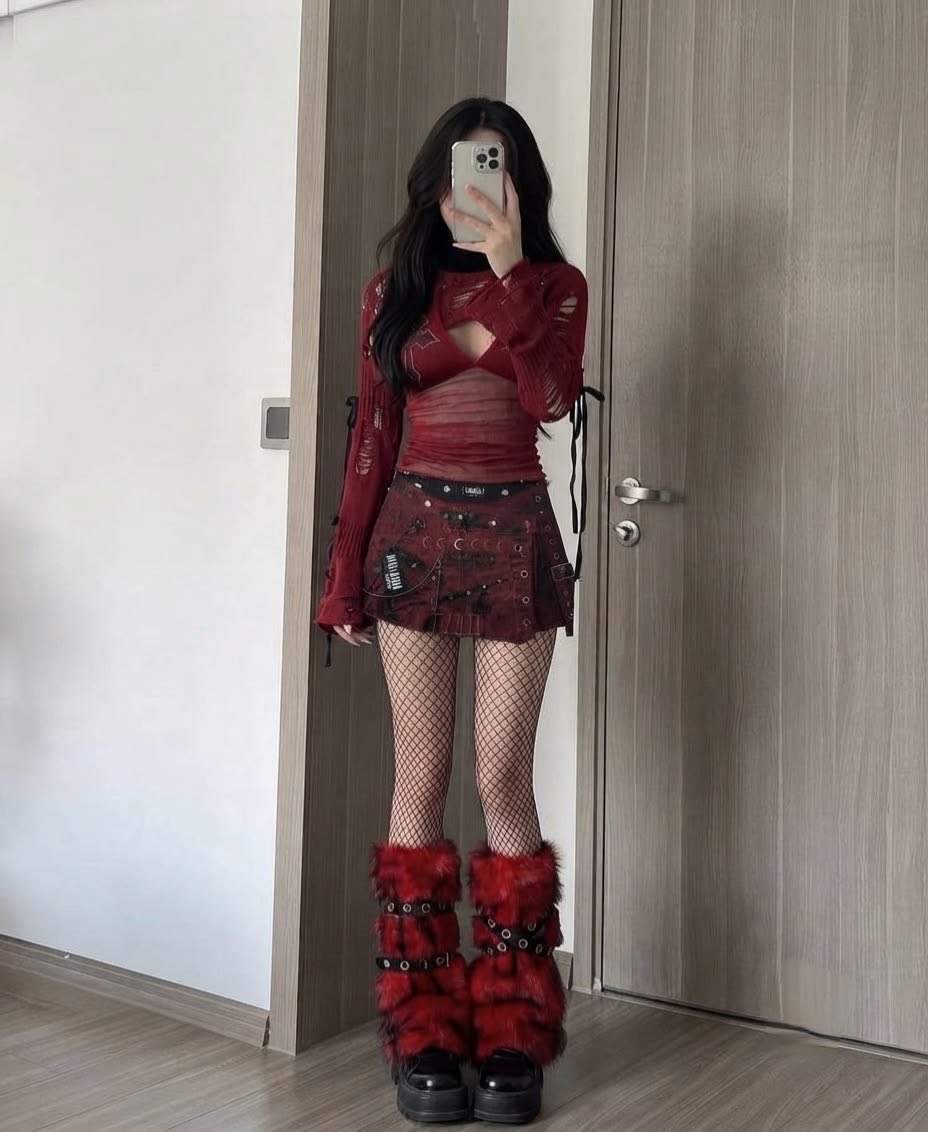 crimsonheirloom's tweet photo. burgundy goth vibes with distressed layers, fishnets, and bold furry boots https://t.co/0BfVZC8v0M