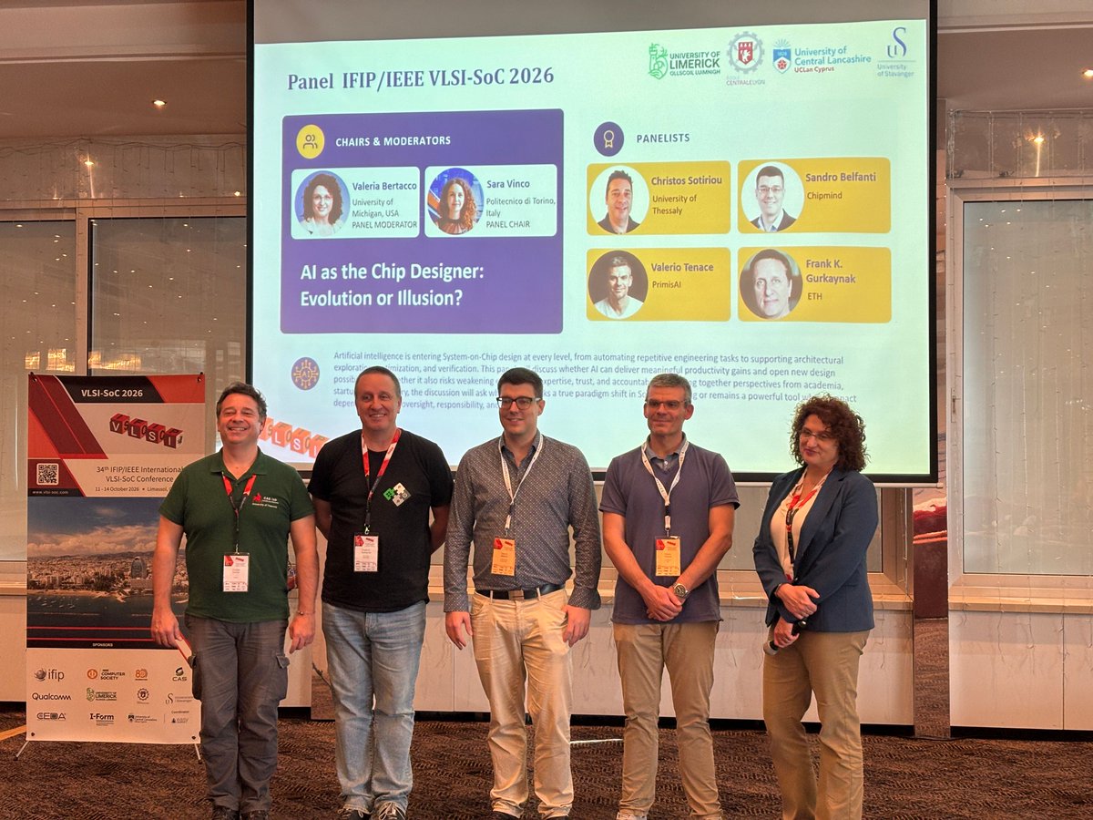 pulp_platform's tweet photo. A quick look back at the conference panel "AI as the Chip Designer: Evolution or Illusion?" that took place at #VLSISoC in Cyprus with Frank representing PULP. See https://t.co/fIgR4YEj8X for details. https://t.co/fcySCGVzYw