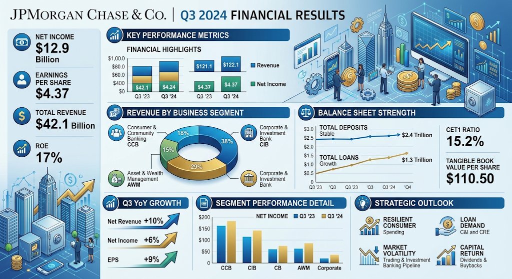 alborotostock's tweet photo. 🚨 Resultados Q3 de JPMorgan Chase ($JPM) 🏦 

El gigante financiero presentó sus resultados trimestrales. Aunque superó las cifras del año pasado en ingresos y beneficio, no alcanzó las elevadas estimaciones del consenso de Wall Street.

Analizamos las claves de su informe 👇🧵

1/5 📊 Cifras clave del trimestre (Q3):

💵 Ingresos (gestionados): 50.900 M$(+8% YoY) (Estimado: ~51.200 M$)
💰 Beneficio neto: 15.300 M$ (+6% YoY)
📈 BPA (EPS): 5,57 $VS. 5,07$ en 2025   
🎯 ROCE: 20% (Rentabilidad sobre el capital tangible) 

Excluyendo pérdidas netas por títulos de inversión, el beneficio ascendió a 15.800 M$.

2/5 🔥 Motores de crecimiento por división:

💼 Corporate & Investment Bank (CIB): ¡Gran trimestre! Beneficio neto de 8.200 M$ (+20%).   
-Banca de Inversión: +15% (3.100 M$).
-Trading en Renta Variable (Equities): Disparo del +49% (5.000 M$).

👥 Consumer Banking (CCB): Beneficio neto de 5.700 M$ (+13%). Sumó más de 650.000 nuevas cuentas de cheques.   

3/5 ⚠️ Puntos de presión y gastos:   

📈 Gastos operativos: Aumentaron un 12% YoY hasta los 27.300 M$, empujados por contrataciones, salarios, tecnología e inversión.   
💳 Costes de crédito (Provisiones): 2.700 M$. La tasa de impago en tarjetas se proyecta en torno al 3,2% para final de año.   
📉 Trading en Renta Fija: Cayó un 4% YoY debido a menor actividad en materias primas y tipos.

4/5 💎 Gestión de capital y AUM récord:

🚀 Activos bajo gestión (AWM): Alcanzaron los 5,2 billones de $ (+13% YoY), impulsados por entradas netas de 51.000 M$.   
💳 Retorno al accionista:
-Dividendo distribuido: 4.400 M$(1,65$/acción).
-Recompra de acciones: 664 M$.   
-El banco ha mostrado preferencia por reasignar capital al crecimiento orgánico interno.   

5/5 💬 En palabras de la directiva:

Jamie Dimon y el equipo directivo destacan la solidez del consumidor y la continuidad dividendaria (56 años ininterrumpidos), aunque mantienen una visión cautelosa ante la evolución de los tipos de interés, el mercado laboral y el gasto operativo para 2027.

¿Cómo ves la evolución de la gran banca para lo que resta de año? 👇

#Inversiones #Finanzas #Bolsa #SP500 #RentaVariable #EstrategiaFinanciera #ValueInvesting
#FinTwit #ValueInvesting #StocksToWatch #SmallCaps #Investing #Stocks #Bolsa