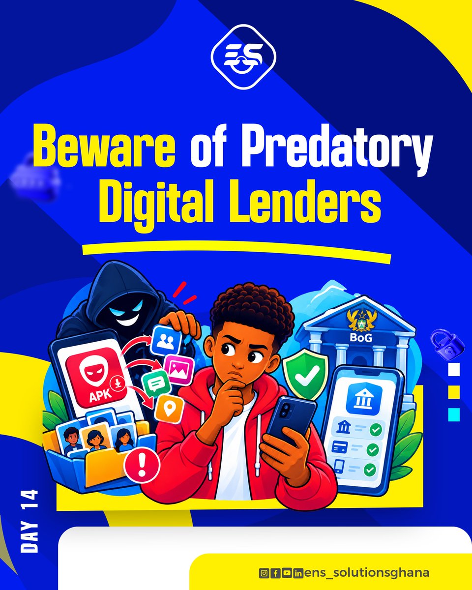 ens_solutionsgh's tweet photo. The risks of downloading unverified APK loan apps that demand access to contact lists and photo galleries to blackmail borrowers are public harassment and data harvesting.

Only borrow from Bank of Ghana licensed financial institutions and apps!

#SafeLending #BoG #DigitalFinance https://t.co/Buzvuf95a6