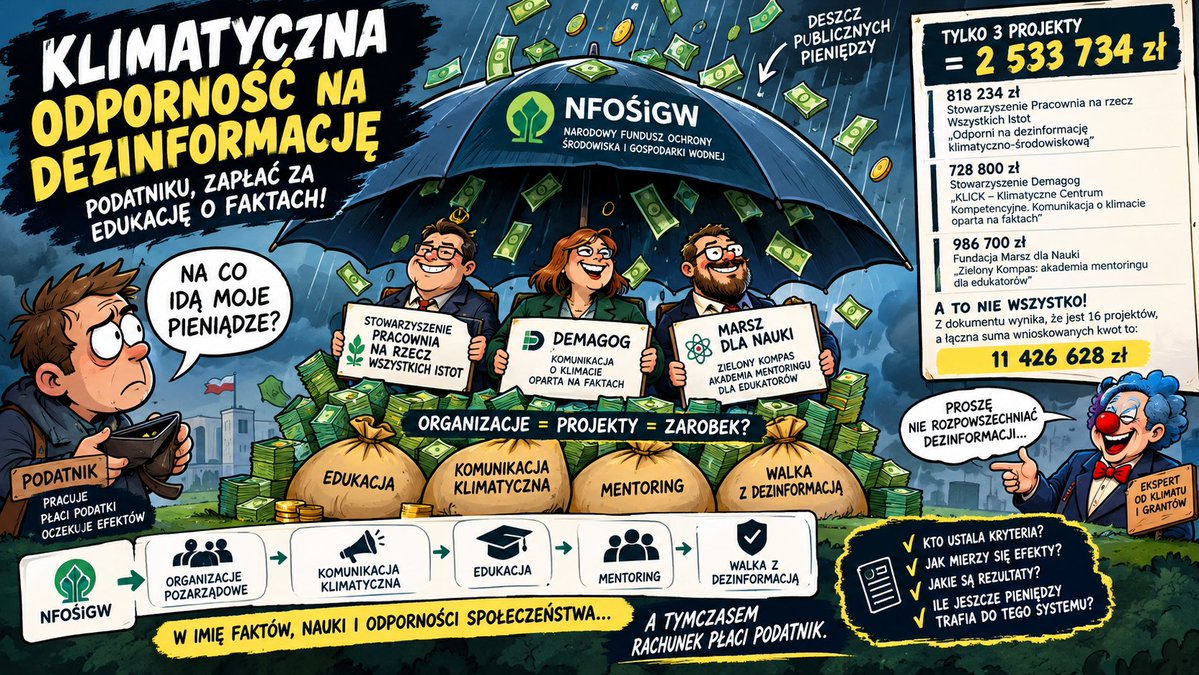 Wbalcerzak87's tweet photo. KLIMATYCZNA ODPORNOŚĆ NA DEZINFORMACJĘ. PODATNIKU, ZAPŁAĆ ZA EDUKACJĘ O FAKTACH!

Chcecie zobaczyć, jak wygląda ekosystem grantów klimatycznych? To nie patrzcie na hasła w projektach. Patrzcie na liczby, beneficjentów i przepływ publicznych pieniędzy.

Bo właśnie tam zaczyna się prawdziwa analityka. 👀

Na liście rankingowej NFOŚiGW dotyczącej konkursu prowadzonego w 2025 r. w ramach programu edukacji ekologicznej znajdziemy między innymi trzy projekty:

💰 818 234 zł dla Stowarzyszenia Pracownia na rzecz Wszystkich Istot na projekt „Odporni na dezinformację klimatyczno-środowiskową”.

💰 728 800 zł dla Stowarzyszenia Demagog na projekt „KLICK. Klimatyczne Centrum Kompetencyjne. Komunikacja o klimacie oparta na faktach”.

💰 986 700 zł dla Fundacji Marsz dla Nauki na projekt „Zielony Kompas. Akademia mentoringu dla edukatorów”.

Łącznie: 2 533 734 zł.

Ponad 2,53 mln zł wnioskowanego dofinansowania na trzy projekty związane z edukacją klimatyczną, komunikacją, mentoringiem i przeciwdziałaniem dezinformacji.

Ale uwaga. To nie jest cała lista.

Na przedstawionym dokumencie znajduje się 16 projektów, a suma wnioskowanych kwot wynosi 11 426 628 zł.

Wśród nazw pojawiają się kolejne akademie, centra kompetencyjne, programy edukacyjne i inicjatywy mające budować odporność na dezinformację klimatyczną.

I teraz zaczyna się najciekawsza część. Bo analityka nie polega na przeczytaniu nazwy fundacji i stwierdzeniu, że wszystko jest w porządku.

Polega na połączeniu danych.

NFOŚiGW → organizacje → projekty edukacyjne → komunikacja klimatyczna → szkolenia i mentoring → deklarowane rezultaty.

Każdy z tych projektów może mieć uzasadnienie. Samo otrzymanie dofinansowania nie oznacza nieprawidłowości. Ale publiczne pieniądze wymagają czegoś więcej niż dobrze brzmiącego tytułu projektu.

Kto ustala kryteria oceny? Jak wygląda późniejsze rozliczenie? Jak mierzy się rzeczywiste efekty edukacyjne? Ilu odbiorców obejmują szkolenia? Czy kompetencje uczestników faktycznie wzrastają? I kto niezależnie weryfikuje rezultaty?

Bo jeśli finansujemy walkę z dezinformacją, to powinniśmy również wymagać maksymalnej przejrzystości od podmiotów realizujących te projekty.

A teraz wyobraźcie sobie wersję memiczną.

Podatnik pyta: „Na co idą moje pieniądze?”.

System odpowiada: „Na edukację, fakty i odporność na dezinformację”.

Podatnik pyta: „A gdzie mogę sprawdzić efekty?”.

System odpowiada: „Proszę nie rozpowszechniać dezinformacji”. 😂

I właśnie dlatego warto analizować publiczne rejestry, uchwały, listy rankingowe, umowy i sprawozdania. Nie trzeba nikogo oskarżać.

 Wystarczy zestawiać dokumenty, sprawdzać przepływy pieniędzy i zadawać pytania, na które instytucje powinny umieć odpowiedzieć.

11,43 mln zł wnioskowanego dofinansowania. 16 projektów. Jeden program. A to dopiero punkt wyjścia do dalszej analizy.

Teraz poprosimy o pełne dane: przyznane kwoty, podpisane umowy, wypłaty, rozliczenia i mierzalne rezultaty. Bo kwota wniosku rankingowego nie jest jeszcze dowodem wypłaty pieniędzy.

Niech fakty przemówią.

Najlepiej razem z dokumentacją finansową. 🤡

#OSINT #NFOŚiGW #Granty #Klimat #AnalitykaDanych

Link do grantów :

https://t.co/rot4kff3a2