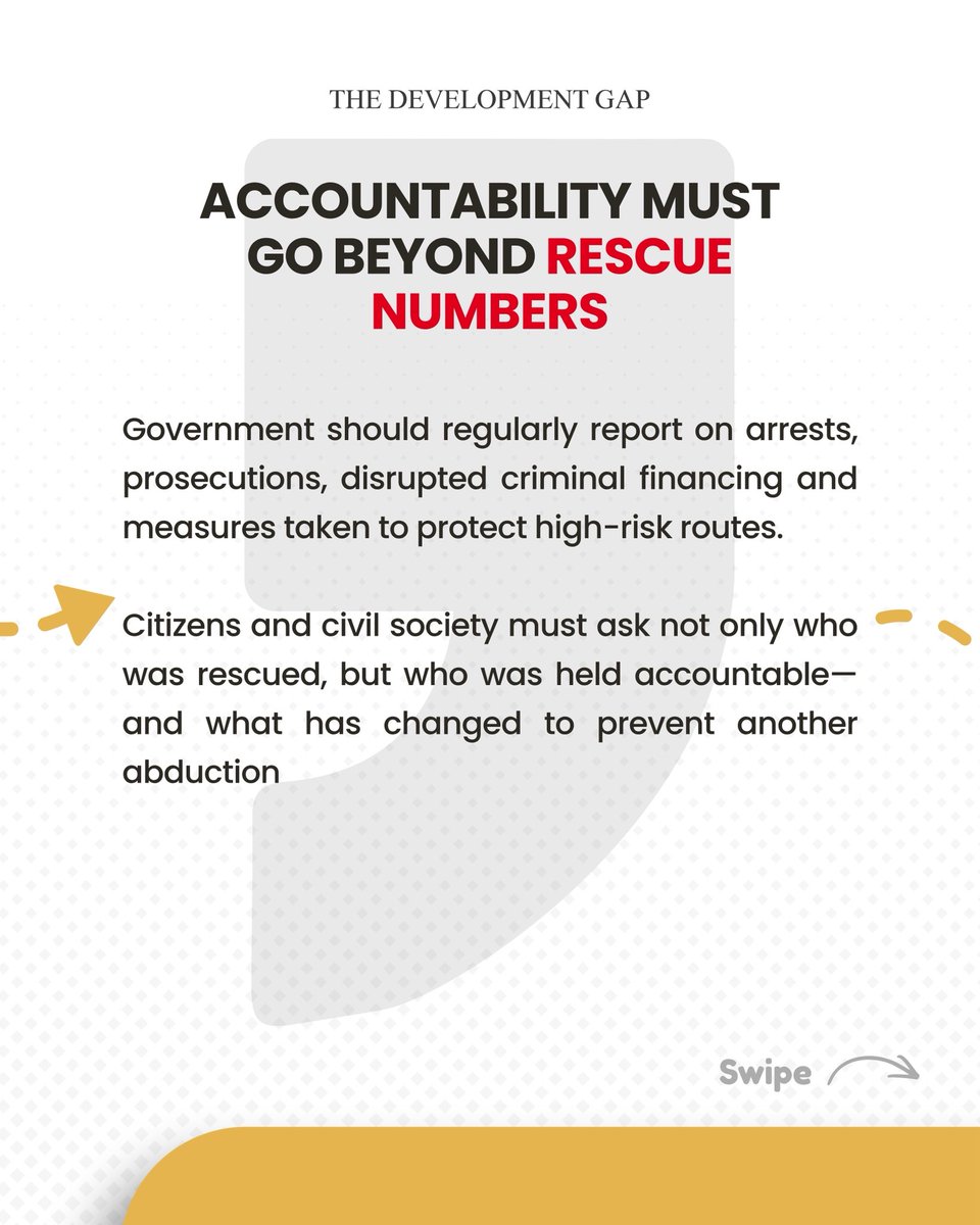 Connected_dev's tweet photo. The Nigerian government must go beyond rescue numbers, regularly reporting on arrests, prosecutions, and structural measures taken to protect high-risk routes. Because lasting security means Nigerians can travel, study, work, and serve their country without fearing they may be next.

3/3🧵
#TheDevelopmentGap #SecurityAccountability #NYSC #ConnectedDevelopment