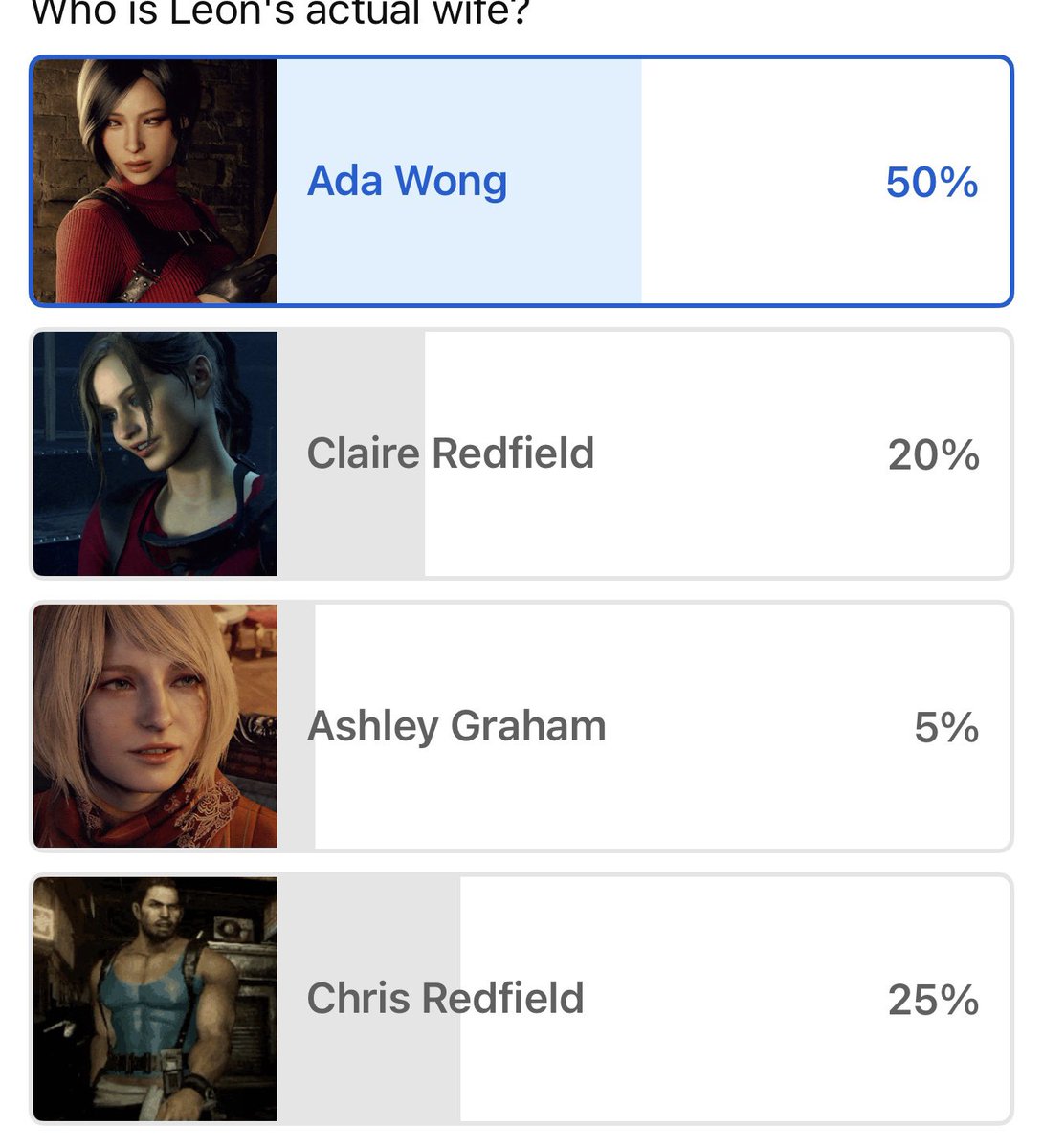 enzkkdb's tweet photo. @_Just_aNerd_ Ada or Chris are the only acceptable wife choices. No one else! Or they can share https://t.co/rbkG1lsHj1