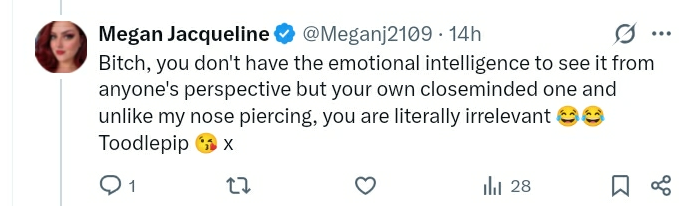 JamesP0112's tweet photo. @Meganj2109 You posted a photo for the public, got a response you didn't like, now you're holding a press conference in my mentions about it. I'm the one with a cognitive dysfunction? You can't recall typing 'toodlepip' to me 14hrs ago and then sat there sweating, waiting to see if I’d reply https://t.co/dtHKirNeFs