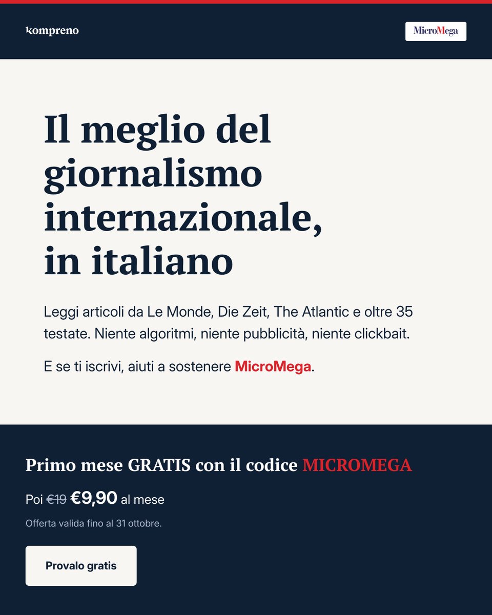 _MicroMega_'s tweet photo. MicroMega ha scelto di collaborare con kompreno. 

Fino al 31 ottobre inserendo il codice MICROMEGA avrai un mese di abbonamento gratuito al servizio e poi potrai approfittare del prezzo di 9,90 euro al mese anziché 19.

Link nei commenti. https://t.co/BtWAcC0SdD