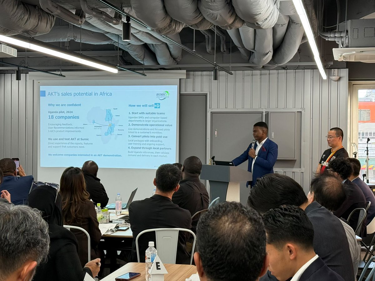 MrSumic's tweet photo. Building international partnerships starts with understanding the value we can create together.

This week, I joined Mr. Akihiro Katsuki, CEO of Japan AI Consulting Co., Ltd, for a joint presentation at the AOTS Africa Business Networking Event at ARKade in Amagasaki, Japan 🇯🇵

We shared our experience collaborating on AKT View, including how we combine Japanese technology with Sumic IT Solutions Ltd.'s market knowledge, user training and customer support to address business needs in African markets.

Connecting with business leaders from Japan and across Africa reinforced an important principle: successful technology partnerships require a shared understanding of customers and the environments in which they operate.

@SumicUg, we continue to build international relationships that translate innovation into meaningful business value. I look forward to developing the connections and conversations initiated at this event.

My thanks to Mr. Akihiro Katsuki, AOTS, ARKade and the business leaders who shared their perspectives with us.

#VisitSumic #SumicIsOpen #SumicInJapan