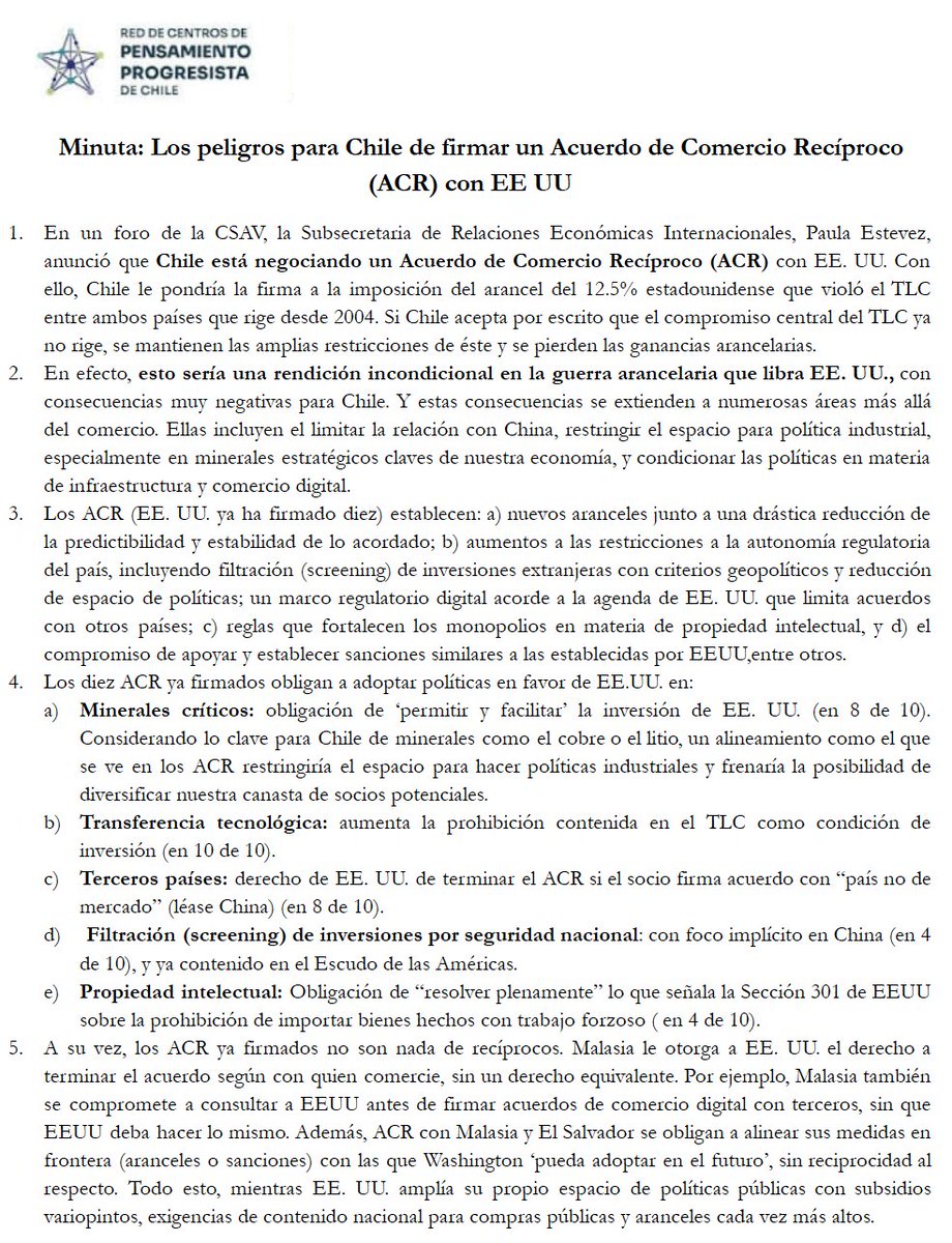 jmahumadaf's tweet photo. Aquí la declaración de la Red de Centros de Estudios Progresistas de Chile sobre la actual negociación de @Minrel_Chile con EEUU por un Acuerdo de Comercio Recíproco (ACR):
*  Recomendación directa: Chile no debe firmar un ACR con EEUU. https://t.co/lxcR8iZPSj