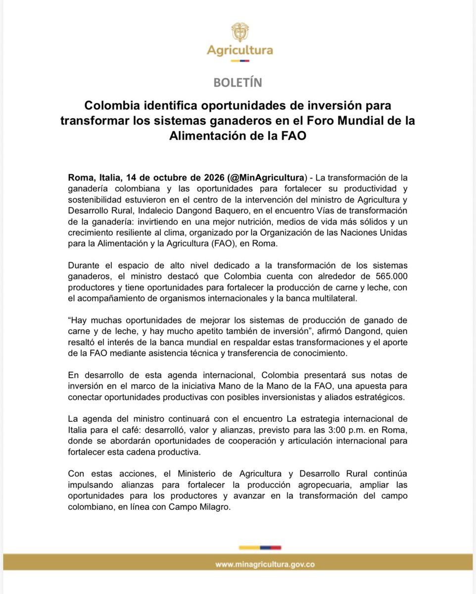 MinAgricultura's tweet photo. #Boletín 🗞️ ¡Posicionamos la sostenibilidad de nuestra ganadería en escenarios globales! 🇨🇴🌍🐄

En el marco del Foro Mundial de Alimentos de la @FAO en Roma, el ministro Indalecio Dangond participó en el evento de alto nivel "Vías de Transformación de la Ganadería".

Destacamos las oportunidades para fortalecer los sistemas silvopastoriles y la producción de carne y leche para más de 565.000 productores en Colombia, impulsando el interés de inversión de la banca mundial, así como la asistencia técnica y transferencia de conocimiento de la FAO.

¡Construyendo alianzas de cooperación internacional para nuestro #CampoMilagro! 🚜📈