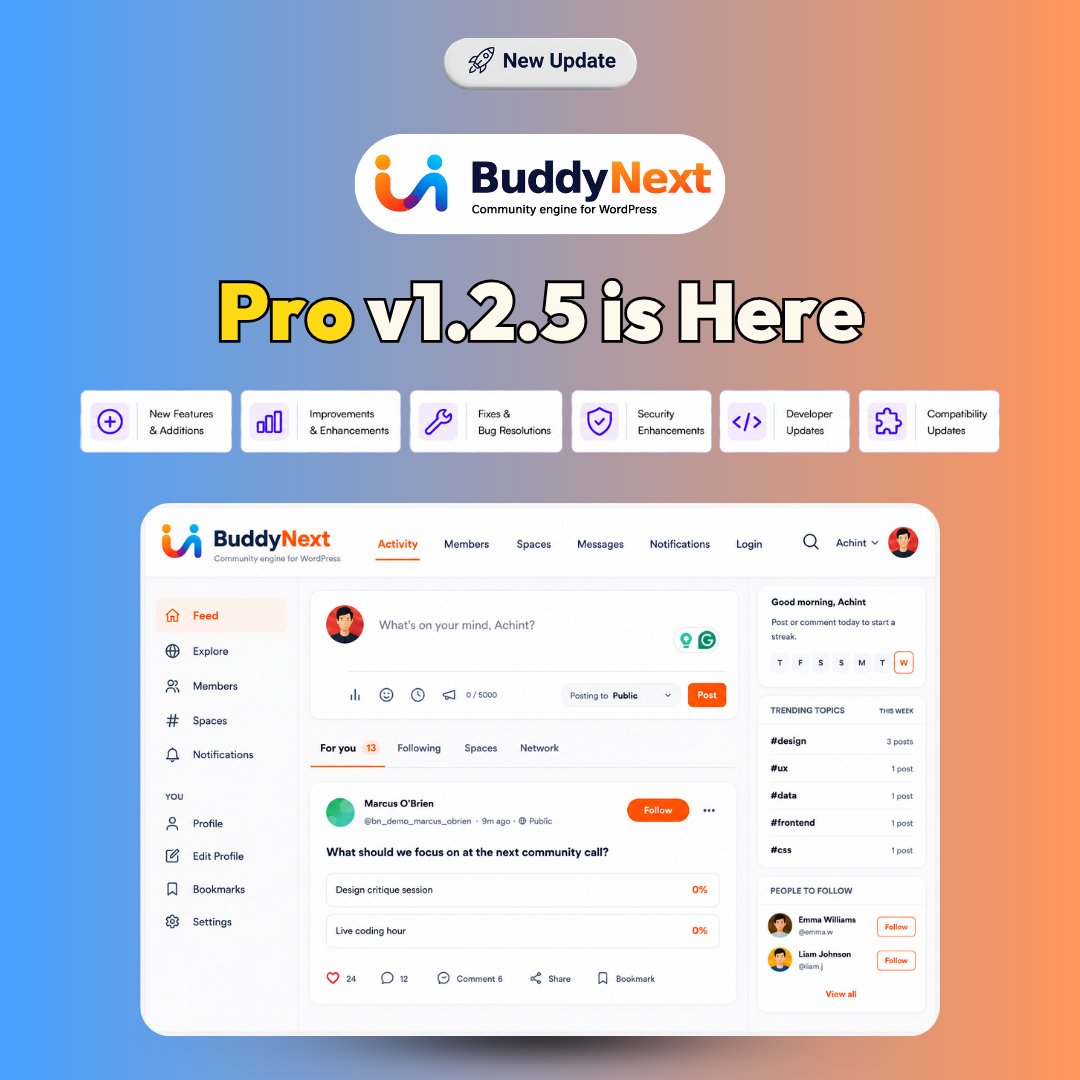 wbcomdesigns's tweet photo. BuddyNext Pro v1.2.5 is live.
Automation webhooks for Make and Zapier, smart PayPal renewal checks, plan quota ceilings, ordered email series, and real-time channel security.

https://t.co/ATW7Vj6Bfe

#BuddyNextPro #WordPress #Community #WbcomDesigns https://t.co/RfeIGXIcLX