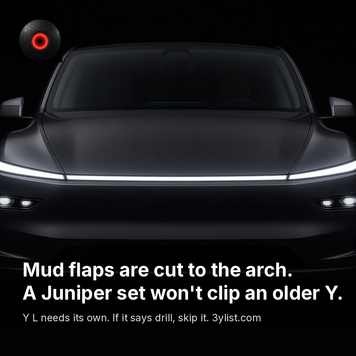 3ylist's tweet photo. Mud flaps are cut to the wheel arch, so a Juniper set won't clip onto a pre-Juniper Model Y, and the Model Y L needs its own. If a listing wants you to drill, skip it.
https://t.co/5ilsvW1jjY https://t.co/hZ3QWYf0PV