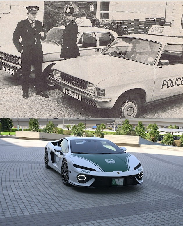 OctaneJames's tweet photo. Policing West Midlands style vs Dubai style. Yes, Dubai Police now has a 920hp, 0 to 100 km/h in  2.7 secs Lamborghini Temerario on the fleet. Needs some roof-lights really. https://t.co/xtYXwKe6ik