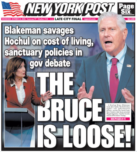 GuntherEagleman's tweet photo. 🚨 THE BRUCE IS LOOSE.

Bruce Blakeman went after Kathy Hochul in last night's debate on the issues New Yorkers actually care about: the COST OF LIVING and SANCTUARY POLICIES.

According to the NY Post, he hammered her for failing to keep New Yorkers safe from CRIMINAL ILLEGAL MIGRANTS.

And Hochul's answer? She mostly attacked President Trump.

When you can't defend your record, you blame Trump.

New York, it's time for a change. Vote Blakeman.