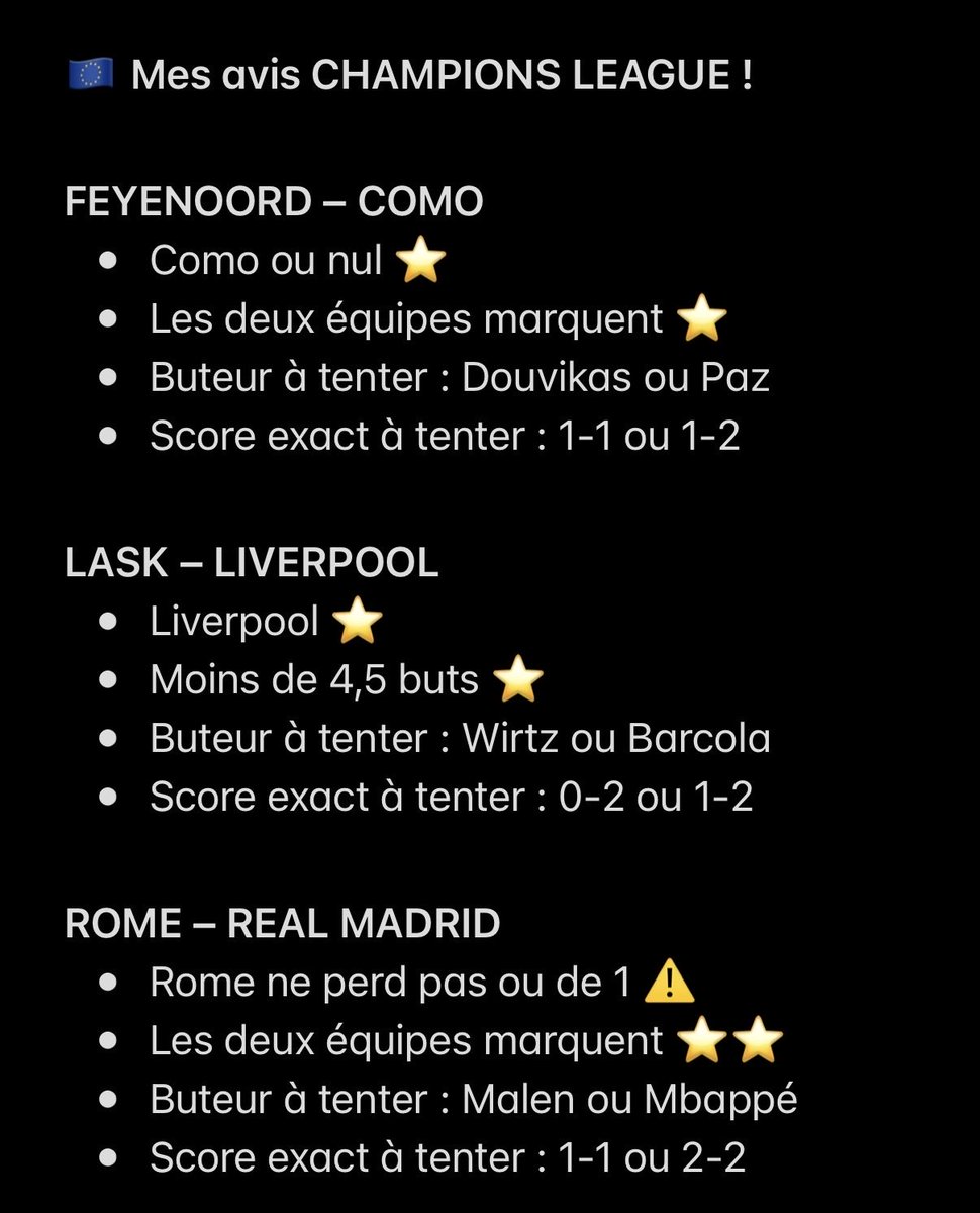 NtkPronos's tweet photo. 🇪🇺 Mes avis Champions League ! 

💭 La carte a l’air intéressante, mais je ne vais pas trop m’enflammer vu les douilles qui sont tombées hier 

⚠️ Match à éviter
⭐️ Petite confiance
⭐️⭐️ Bonne confiance

❤️ Pense au p’tit LIKE pour le travail :) https://t.co/PmyAmREk8q