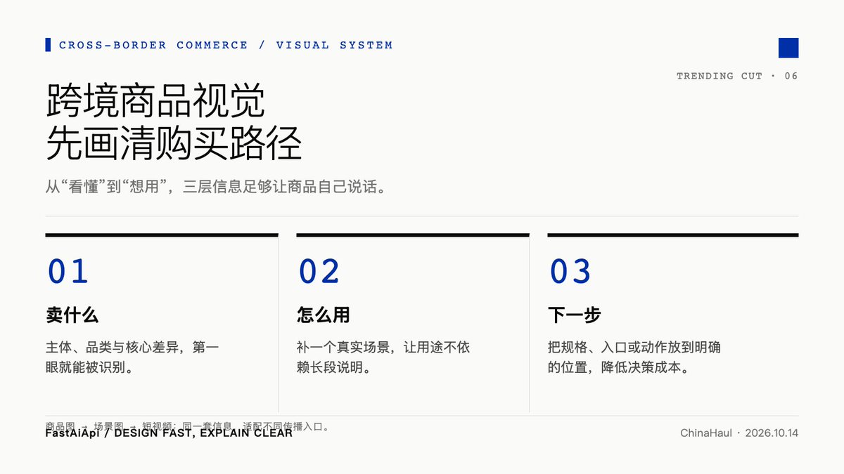 FastAiApi's tweet photo. “ChinaHaul是什么”登上抖音热榜。做跨境商品视觉，别只把中文翻成英文：

① 先说清卖什么
② 用一张图交代怎么用
③ 最后给出可信的下一步

跨境传播的关键，不是信息更多，而是购买路径更清楚。把商品图、场景图和短视频做成一套视觉：https://t.co/KnvUMdC2tt https://t.co/cKSwKn00MT