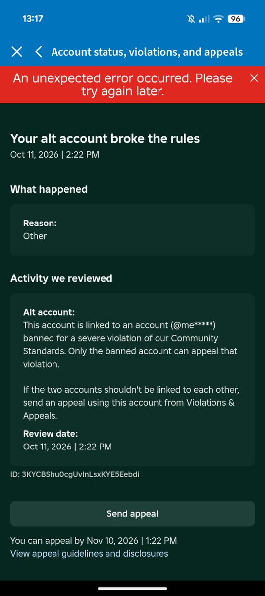 aaaaaaaspen's tweet photo. I am unable to appeal my enforcement ban through the Violations &amp; Appeals page, as whenever I try to submit it through the report a mistake button here it tells me there was an unexpected error. The support form says I must appeal through this page. What?

#robloxbans https://t.co/YdqU7ttavz