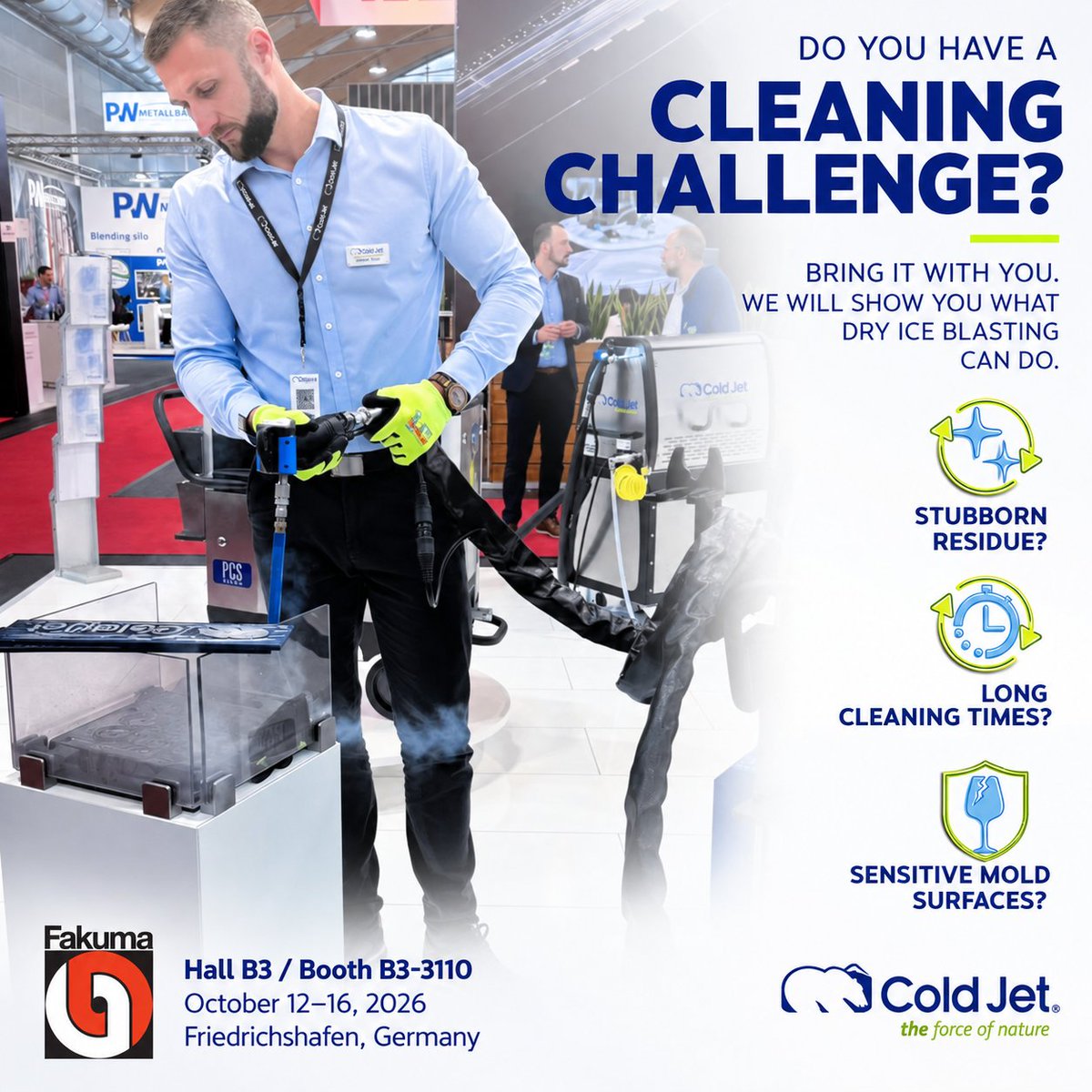 coldjet's tweet photo. Stubborn residues? Cleaning taking too long? Sensitive tool surfaces? 🛠️❄️At Fakuma 2026, we’ll show you what dry ice blasting can offer for these types of cleaning challenges.

📅 October 12–16, 2026
📌 Hall B3 | Booth B3-3110

👉 Learn more:
https://t.co/Lpf6iCsxlH https://t.co/BRk63L0MTj