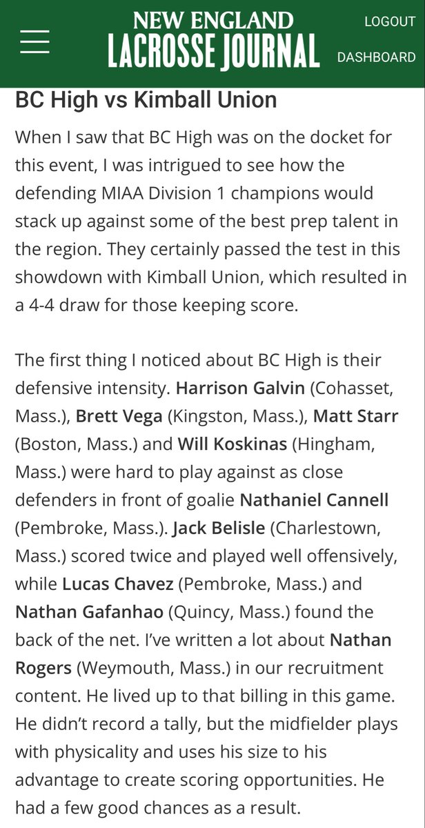 FriendsofBCHLax's tweet photo. Thank you to @cookejournalism and @NELaxJournal on the write-up about @BCHighlacrosse after this weekend’s game against Kimball Union at The Battle Ground. @bostonlaxnet @MS_HS_LAX @LXCMinutemen @3dNewEngland @BChighathletics https://t.co/dz4S7UyN6L