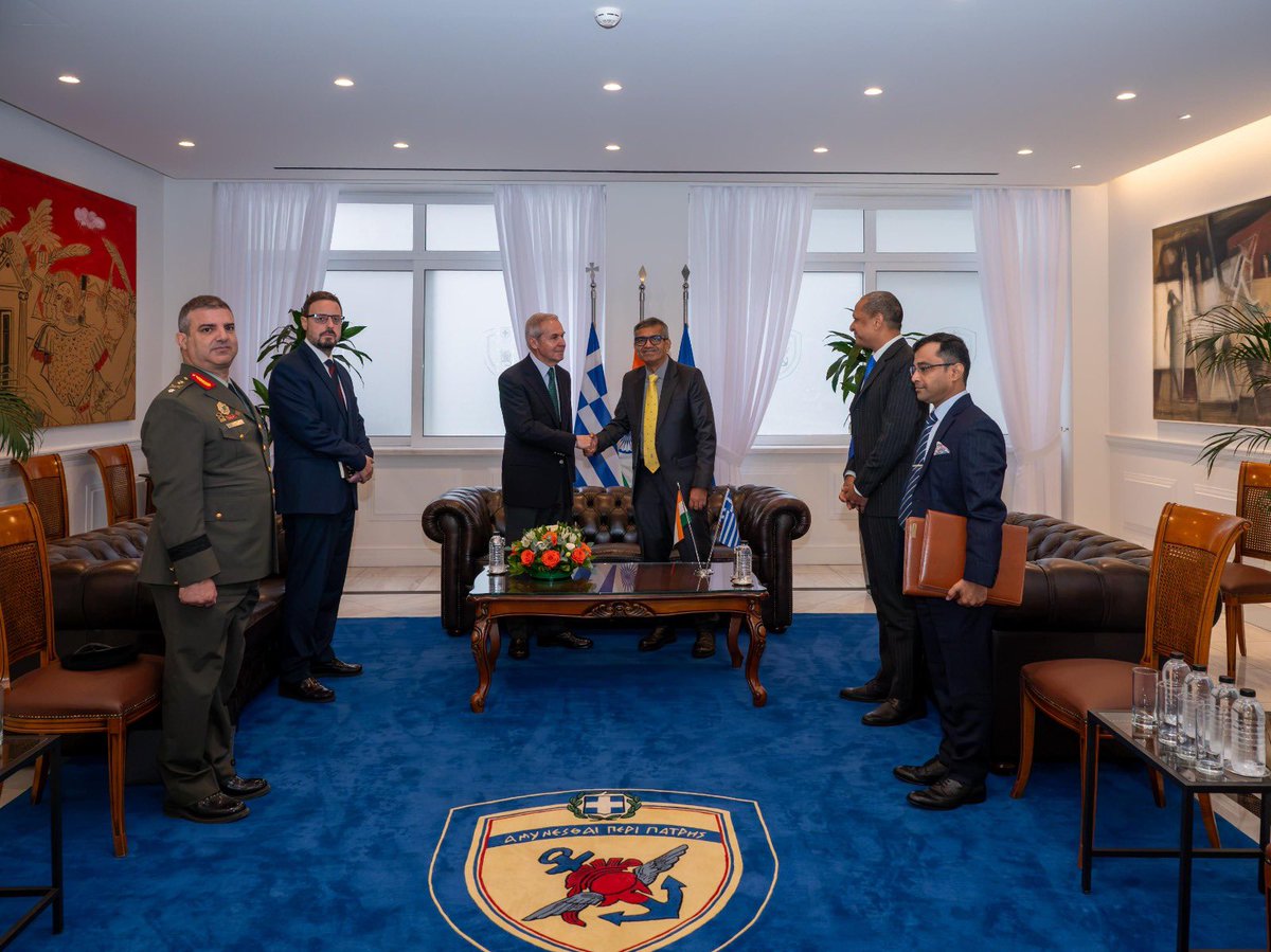 SpokespersonMoD's tweet photo. Deputy Minister of National Defence of Greece Mr Athanasios Davakis received Defence Secretary Shri Rajesh Kumar Singh at the Ministry of National Defence in Athens.

Both sides agreed to expand defence cooperation, prioritising policy planning, Joint Staff Talks and defence industry collaboration, alongside capacity building, joint exercises and regular bilateral exchanges.

@EmbIndiaAthens 
@MEAIndia