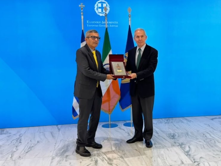 SpokespersonMoD's tweet photo. Deputy Minister of National Defence of Greece Mr Athanasios Davakis received Defence Secretary Shri Rajesh Kumar Singh at the Ministry of National Defence in Athens.

Both sides agreed to expand defence cooperation, prioritising policy planning, Joint Staff Talks and defence industry collaboration, alongside capacity building, joint exercises and regular bilateral exchanges.

@EmbIndiaAthens 
@MEAIndia