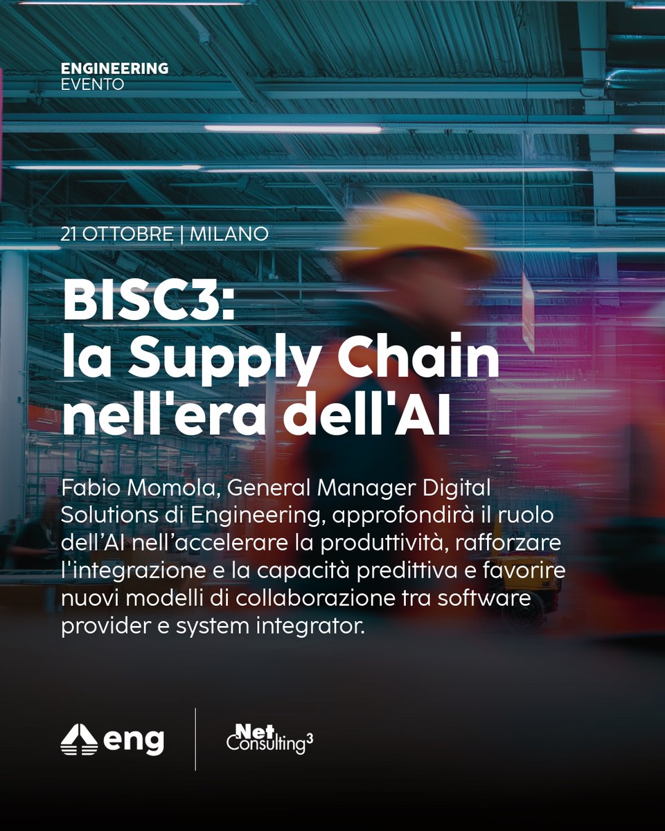 EngineeringSpa's tweet photo. Il 21/10 a Milano all’evento conclusivo di BISC3 – durante il quale verranno presentati i risultati dello studio – Fabio Momola, General Manager Digital Solutions di Engineering, approfondirà il ruolo ed i benefici dell’#AI nella #SupplyChain.

https://t.co/bE7rKz99Kn https://t.co/A6uLtqj4Q4
