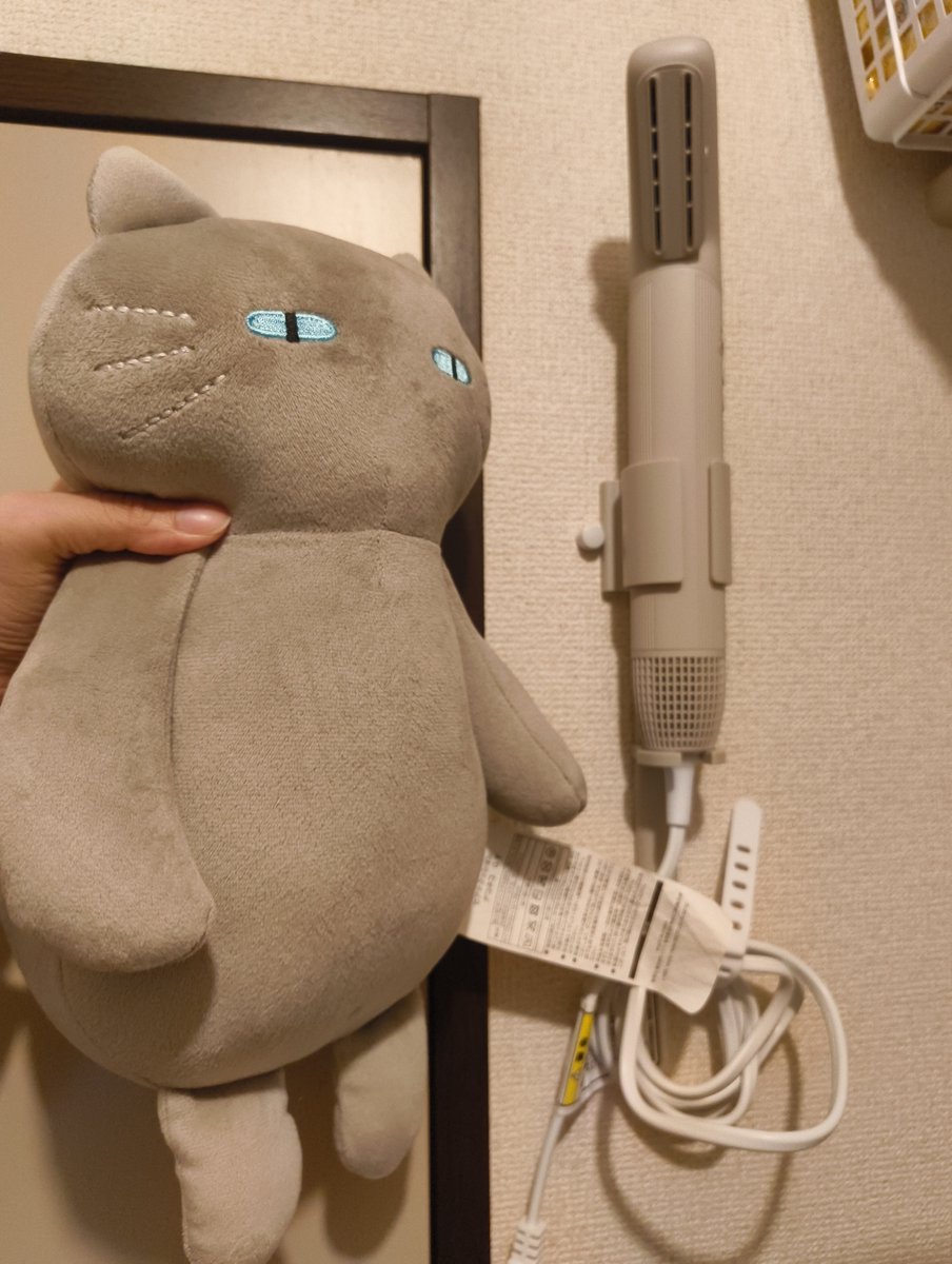 joyfulkamome's tweet photo. 展示会で説明を聞いて「絶対買う！」と思っていた壁掛けドライヤー、ついにデコホーム限定カラーのモカが出たので早速購入！
このドライヤーの説明を真剣に聞いていたグレーデコネコも興味津々😸

#ニトリ
#デコホーム
#デコネコ https://t.co/9yNcrUjhPE