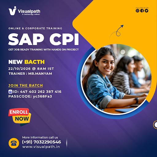 VisualpathPro's tweet photo. 🚀 New Batch: SAP CPI Online Training 

📅 NEW BATCH DETAILS

📅 Date: 22/10/2026 @ 8AM IST
👉 Trainer Name: Mr.Manyam

🔗 Join Link: https://t.co/68MS0Y4tNo
✔️ Meeting ID: 447 402 262 387 416
✔️ Passcode: yc368Fa3

📞 Call: +91 7032290546
🌐 Website: https://t.co/ogOTaRe6pn https://t.co/aD9WxyMVlH