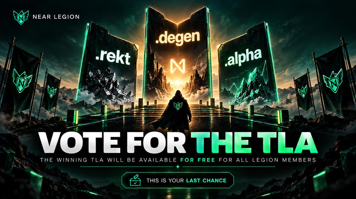 NEARLegion's tweet photo. Listening to Community feedback, we’re running one last free TLA voting round featuring:

The community’s top 3 picks:
.rekt | .degen | .alpha

This is your last chance to vote for your favourite TLA! https://t.co/Mi2wO49oLx