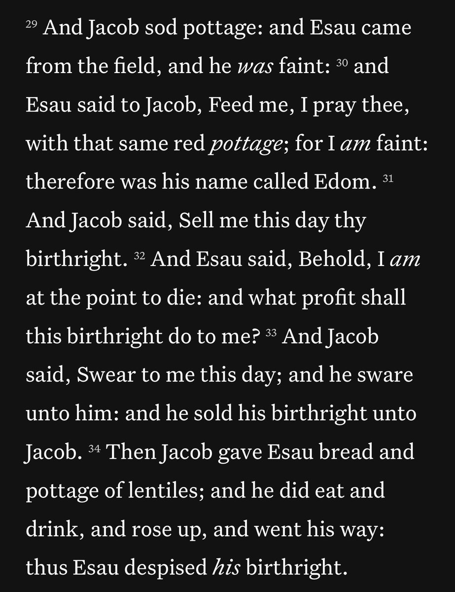 bumbadum14's tweet photo. Literally one of the first warnings of the Bible is selling out your birthright for a boil of foodlsop. https://t.co/BbAHvpP5nR