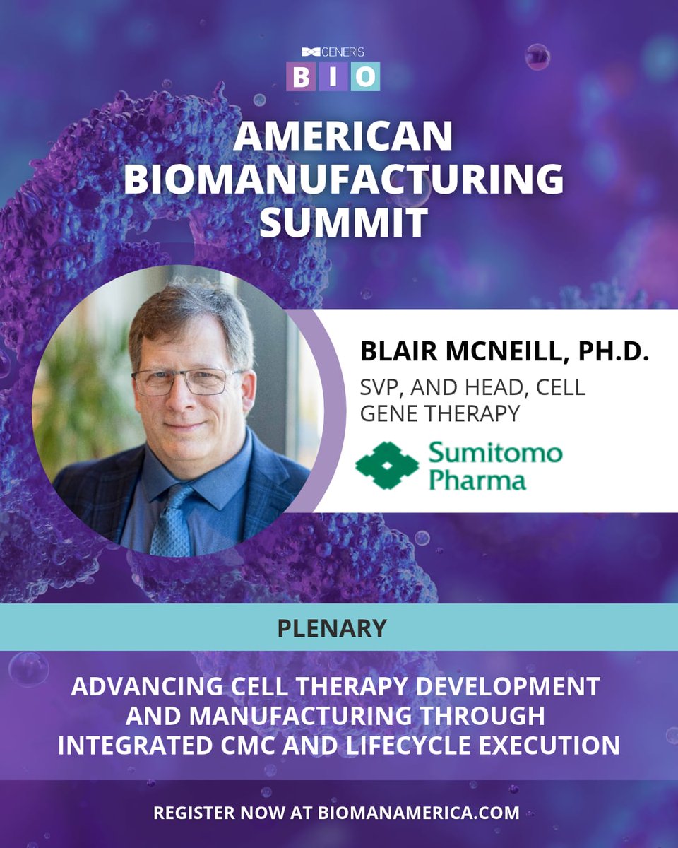 GenerisGP's tweet photo. What's really slowing cell therapy down: the science, or the CMC?

@SumitomoPharma's Blair McNeill on integrated CMC &amp; lifecycle execution for cell therapy at the American Biomanufacturing Summit, 2027.

🎟️ https://t.co/noH8kDB8Ay

🗓️ April 8–9, 2027 📍 San Francisco, CA https://t.co/JST7onYuHd