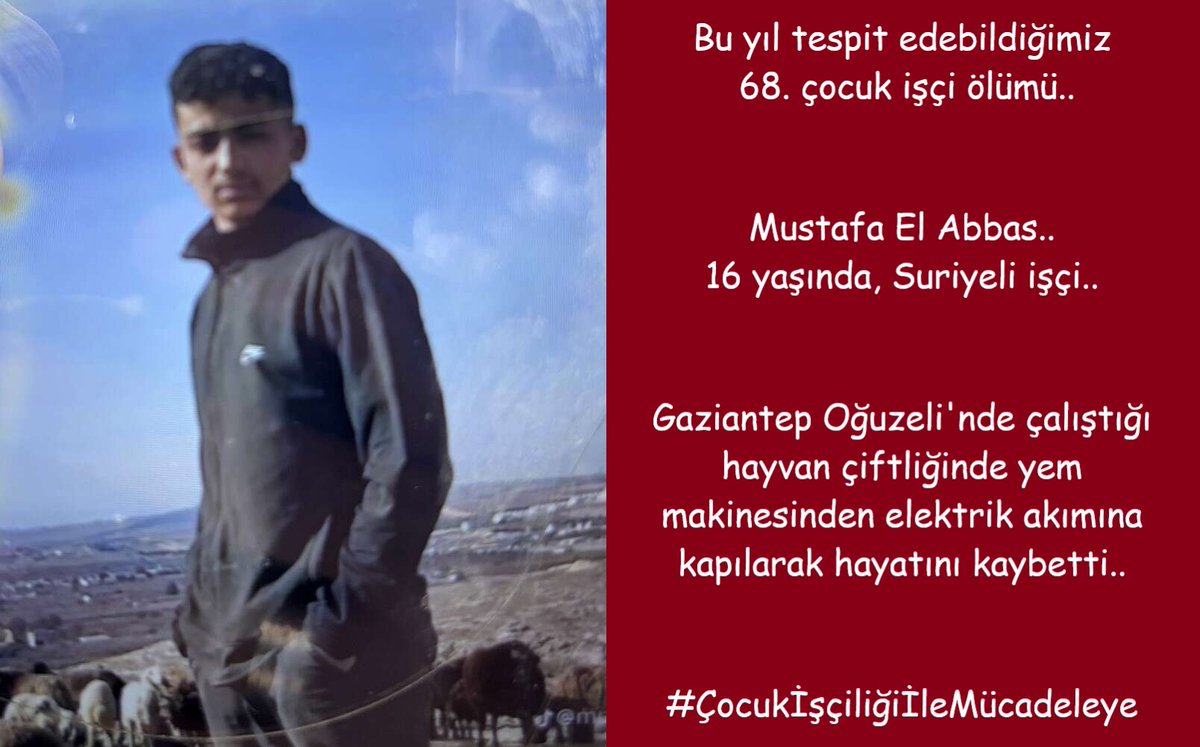 isigmeclisi's tweet photo. Bu yıl tespit edebildiğimiz 68. çocuk işçi ölümü..
Mustafa El Abbas..
16 yaşında, Suriyeli işçi..
Gaziantep Oğuzeli'nde çalıştığı hayvan çiftliğinde yem makinesinden elektrik akımına kapılarak hayatını kaybetti..
#ÇocukİşçiliğiİleMücadeleye https://t.co/gdOPit6HbJ