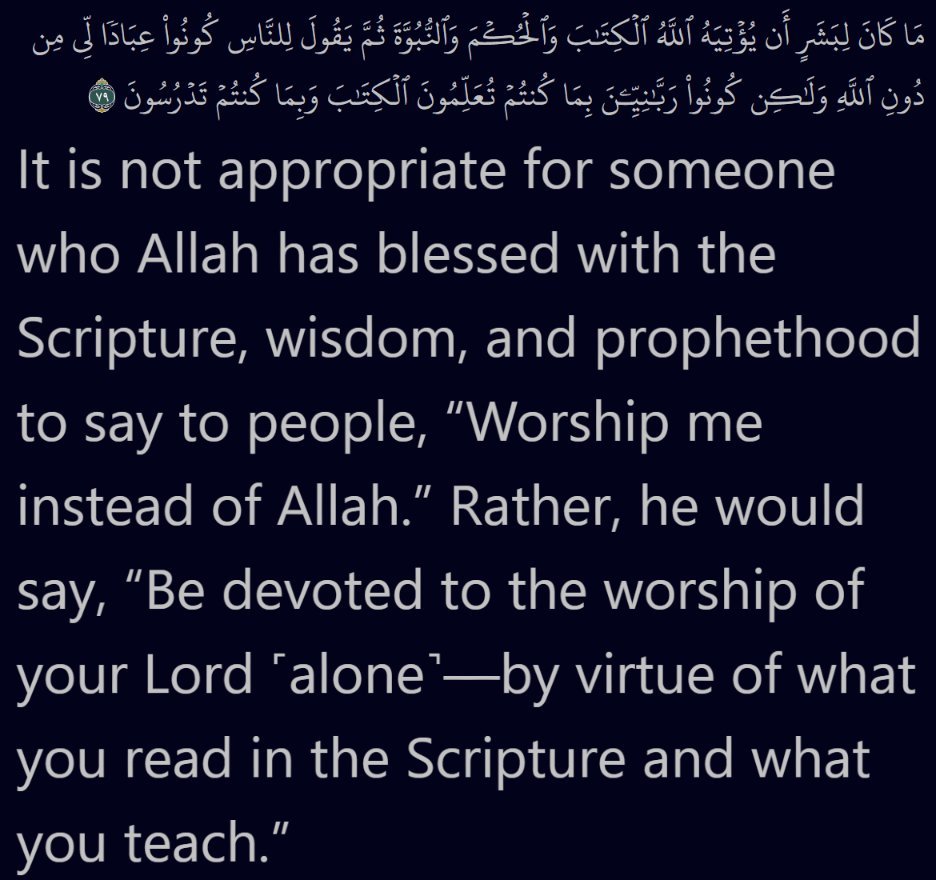 AnswerByQuran's tweet photo. @JamesBradSmith @HalalNation_ And Jesus would never ask you to take angels and prophets as lords. Would he ask you to disbelieve after you have submitted? 3:80 https://t.co/us3M2KnqVx
