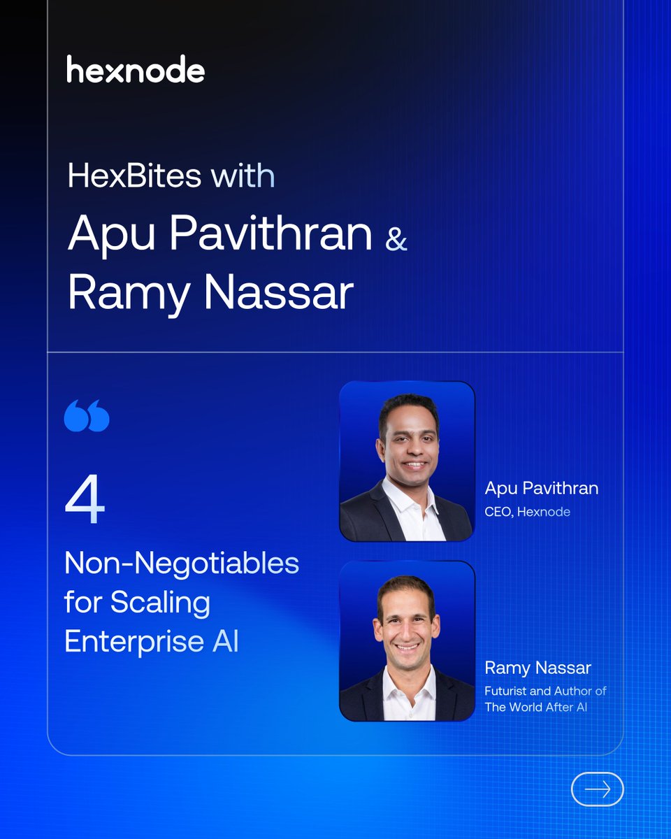 thehexnode's tweet photo. AI can move fast. The harder part is making sure enterprise control keeps pace. 
 
In the latest edition of HexBites, we revisit the #HexCon26 panel with Apu Pavithran and Ramy Nassar on AI-driven security and human oversight.  
 
A few themes stood out from the discussion:  
➡️ Matching faster AI-driven creation with enterprise readiness 
➡️ Using context to determine what AI can do autonomously and when approval is needed 
➡️ Keeping accountability with the people using and delegating work to AI 
➡️ Building guardrails around what autonomous systems can access, change, and execute

Swipe through for key insights from the panel, then head to our highlights blog for a deeper look at the conversation: https://t.co/ymCcXPcrVl  
 
For more of Ramy’s perspective on how AI is reshaping work, decision-making, and the choices ahead, explore his book, The World After AI - https://t.co/prJojCXSlf