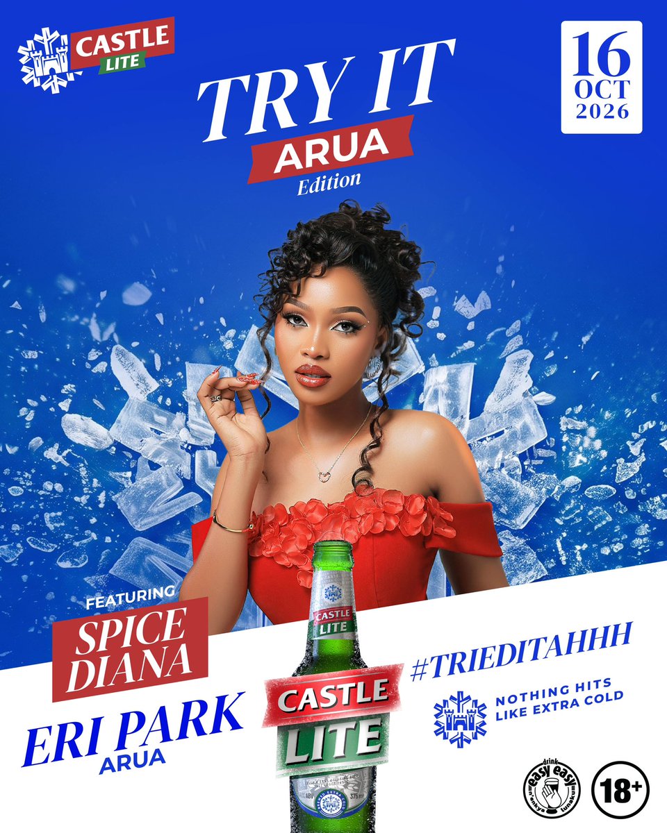CastleLiteUg's tweet photo. @SpiceDianaUg is pulling up to Eri Park, Arua on 16th October 2026 for the Castle Lite: Try It - Arua Edition!  

Grab an extra cold one and join the ultimate turn-up 

CastleLite TriedItAhhh https://t.co/oYKkUI8Eiv