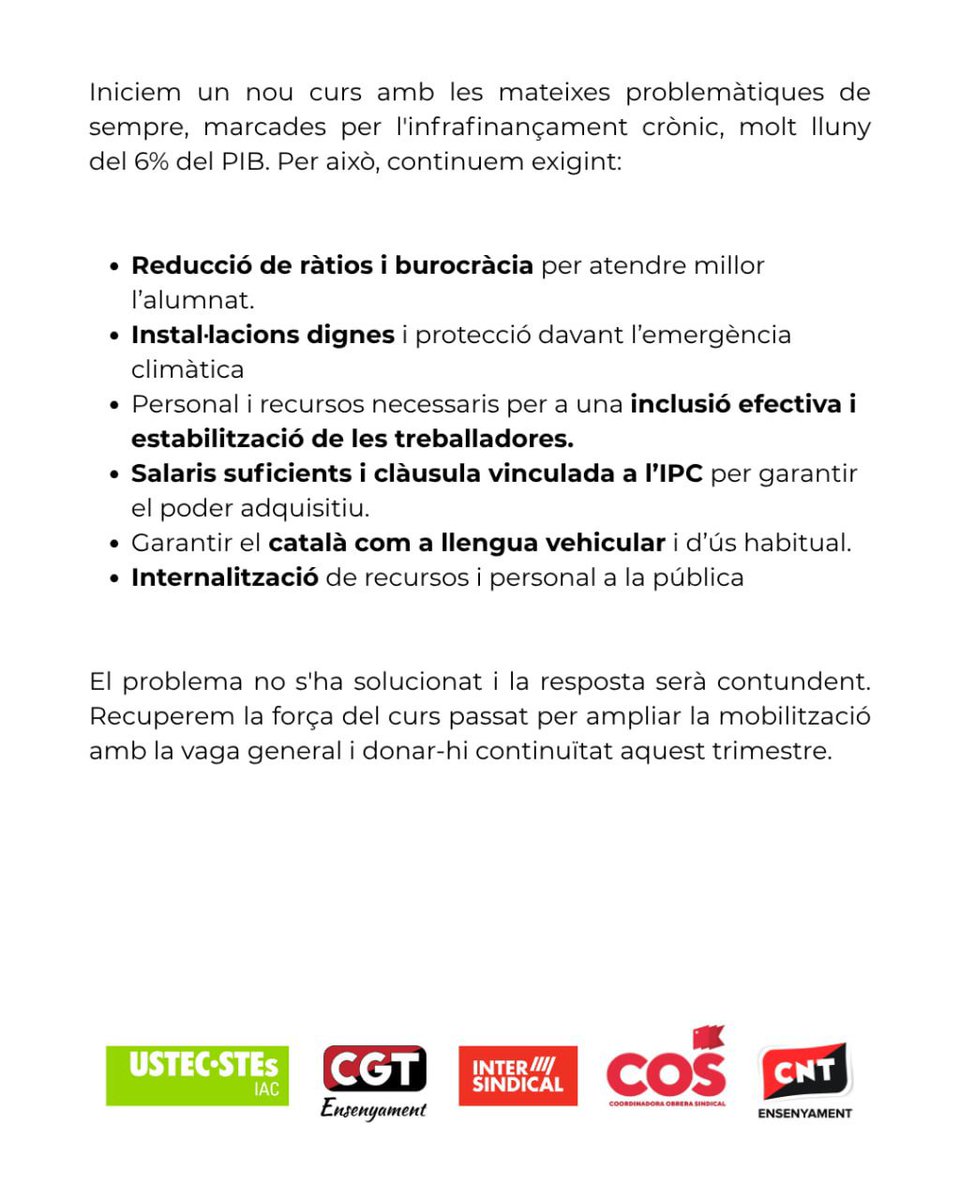 InterEducacio's tweet photo. ✍️ Aquest matí, diverses organitzacions sindicals hem fet públic un comunicat unitari.

💪 Ens comprometem a abocar tots els nostres esforços en la convocatòria de vaga general i totes les mobilitzacions que es vagin produint en defensa de l’educació i els serveis públics.

👉 Constatem que el Departament d'Educació fins i tot incompleix de manera flagrant l'acord a què va arribar l'any passat amb alguns sindicats.

Per una escola pública i en català, LA LLUITA CONTINUA!