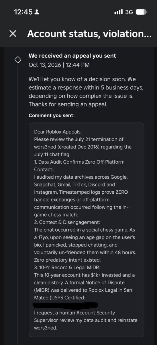 YiveIe's tweet photo. Roblox banned my 10yo account (wors3ned) over an in game chess match, assuming I moved off platform.
I downloaded my full message records from Snapchat, Google, and Instagram showing I NEVER messaged them anywhere else. But Roblox’s automated support doesn't even accept proof. https://t.co/fhiJDZy1Jc