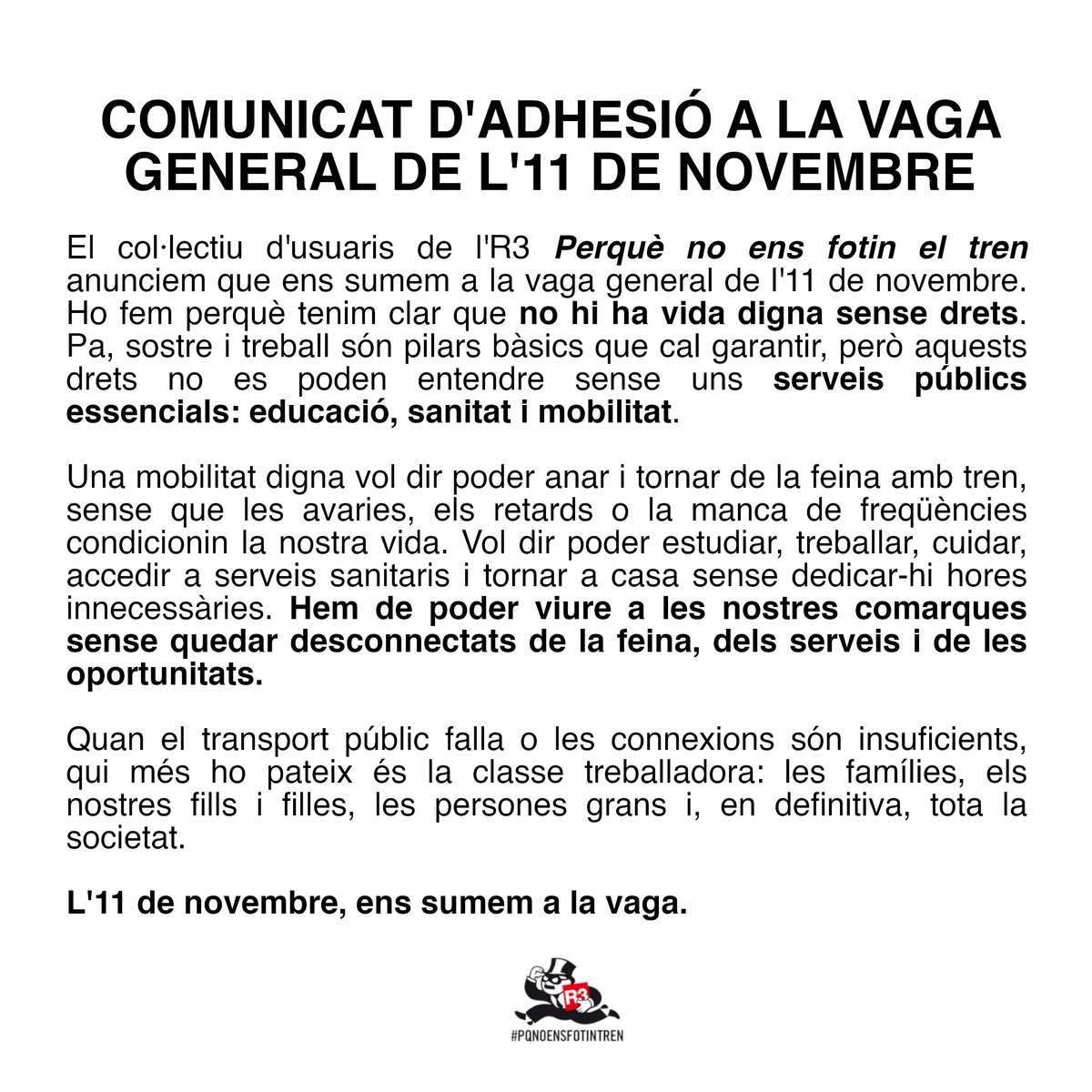 defensemR3's tweet photo. 🔴 Com a col·lectiu d'usuaris de l'R3, ens sumem a la convocatòria de vaga general de l'11 de novembre!

👇🏽 COMUNICAT 👇🏽 https://t.co/bqMGsR2YRL