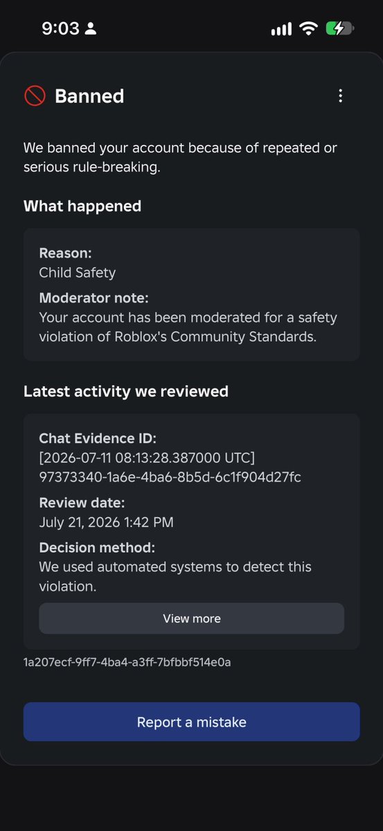 YiveIe's tweet photo. Roblox banned my 10yo account (wors3ned) over an in game chess match, assuming I moved off platform.
I downloaded my full message records from Snapchat, Google, and Instagram showing I NEVER messaged them anywhere else. But Roblox’s automated support doesn't even accept proof. https://t.co/fhiJDZy1Jc