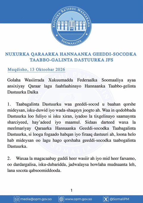 mogadishueye's tweet photo. #Somalia has taken another step toward constitutional implementation, with the Council of Ministers adopting a new roadmap.

A six-member committee led by the Justice Minister will oversee the process, with a two-month deadline to prepare key government legislation. https://t.co/3HHQg2qjcr