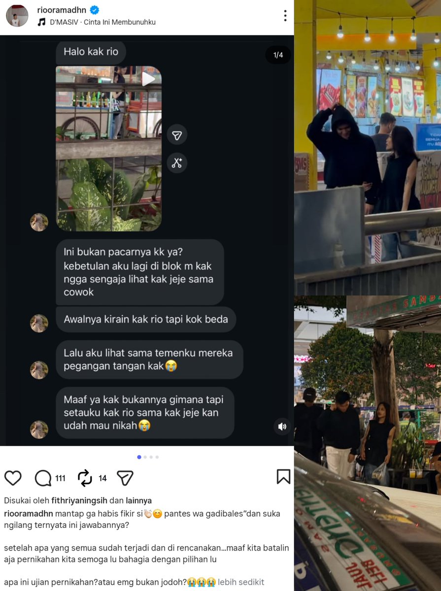 seduhtehnya's tweet photo. Rio Ramadhan BATALIN rencana nikahannya sama Jeje Slebew??

Lagi rame nih Rio pamerin DM dari netizen yang nggak sengaja lihat Jeje bareng cowok di Blok M. 

Awalnya netizen ngira si cowoknya itu Rio, tapi kok beda. Pas dilihat bareng temannya, katanya Jeje sama cowok itu pegangan tangan! Iya pegangan tangan guys~

Rio juga ikut share foto dan video yang dikirim netizen itu. Di situ keliatan Jeje dan si cowok lagi ada di penjual kue cubit.

Nah Rio bilang belakangan ini WA-nya ke Jeje nggak dibales dan Jeje suka ngilang. Dia nyambungin itu sama kabar dari netizen tadi.

Rio nulis kalau rencana pernikahan sama Jeje dibatalin aja deh. Dia juga sempet nanya ini ujian pernikahan atau emang bukan jodoh huft.

Masih lanjut, Rio pamer video call sama mamanya yang lagi ultah. Dia keliatan nangis minta maaf karena bukannya ngasih kabar bahagia di hari spesial mama eh malah kabar batal nikah.

Eh tapi masa sih seterang-terangan itu kalau selingkuh di blok M (?)

Di kolom komentar, nggak sedikit netizen yang nganggep ini tuh cuma drama atau gimik aja. Menurut kalean gimana 👀