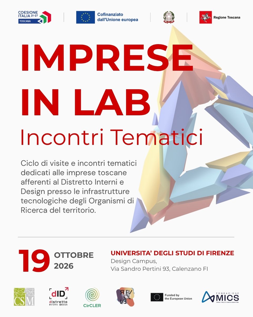 CSM_DID's tweet photo. 💡Primo appuntamento di Imprese in Lab, il ciclo di incontri del Distretto Interni e Design per far conoscere alle imprese i laboratori e le infrastrutture di ricerca universitarie.
📅 Lunedì 19 ottobre, dalle 11:30
📍 Design Campus UNIFI, Calenzano (FI)
#ImpreseInLab https://t.co/YivIg6yMNm
