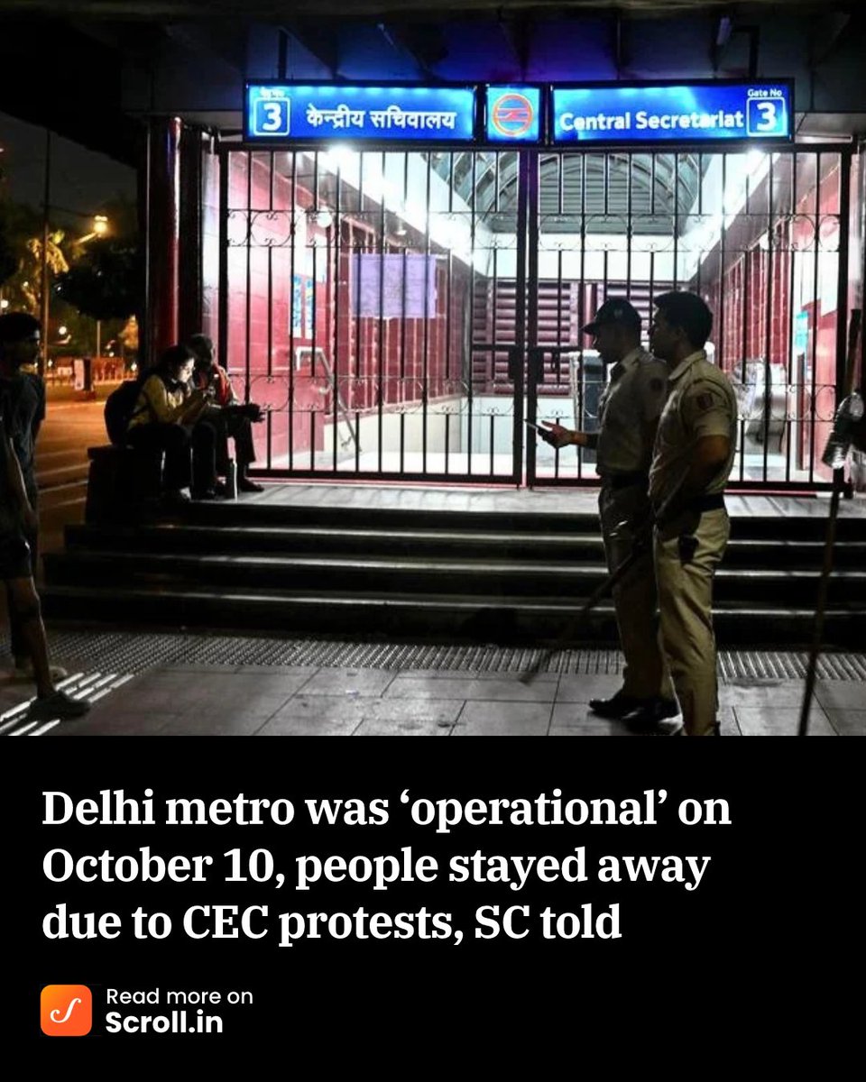 scroll_in's tweet photo. The Delhi Metro Rail Corporation said that nearly 32 lakh passengers travelled in the trains that day, compared with around 58 lakh on a normal second Saturday.
Read more:
https://t.co/3G56CLRssh
#CECProtest https://t.co/SvPA6e0YEF