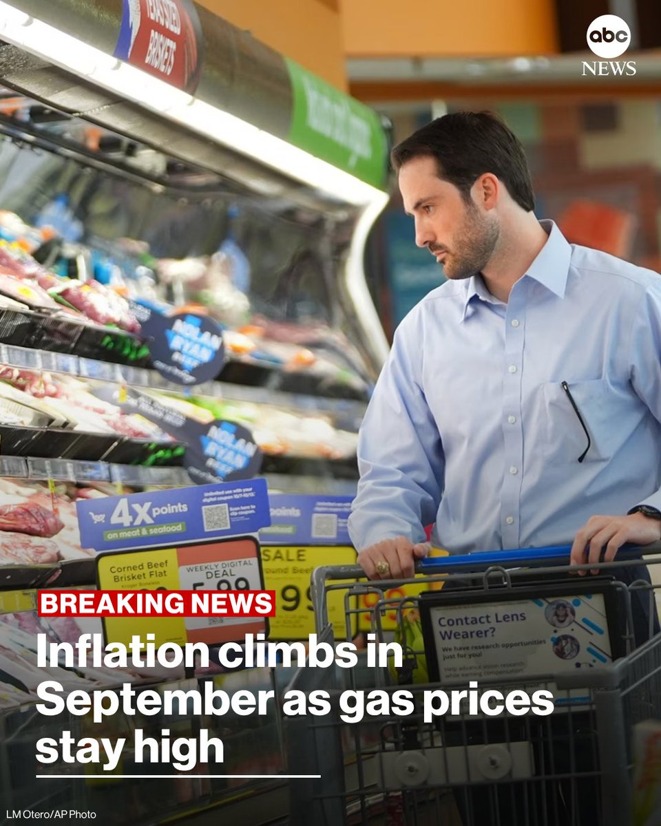 ABC's tweet photo. BREAKING: Inflation climbed to a 4-month high in September as the Iran war continued to drive up gasoline prices ahead of key midterm elections.

Prices rose 3.7% in September compared to a year earlier.

Read more: https://t.co/OV2m5EOHPK https://t.co/7ktctV0Xx6