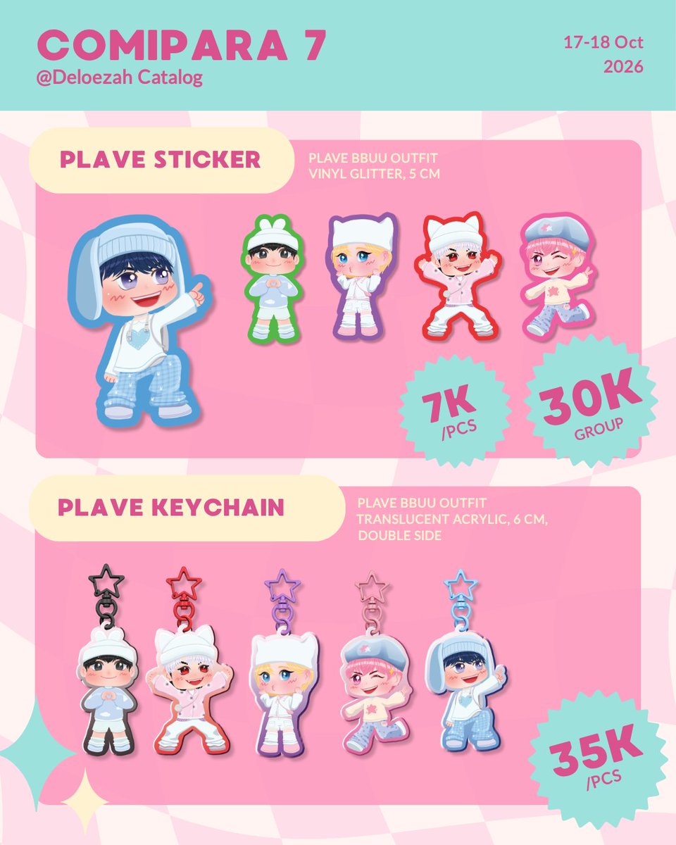 Deloezah's tweet photo. [🩷 + 🔁 very appreciated!!😽]

Hi, here's my OTS catalog for #comipara7 ✨

(1/2)
📅 17-18 October 2026 
📍 Booth Jescouter (G-12) 
🛴 Fandom: PLAVE, Heartopia 

#comipara7catalog #CMPR7 https://t.co/p6cPa5sn2M