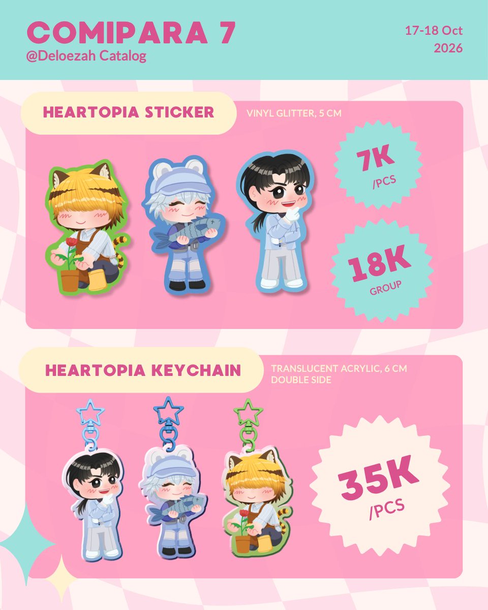 Deloezah's tweet photo. [🩷 + 🔁 very appreciated!!😽]

Hi, here's my OTS catalog for #comipara7 ✨

(1/2)
📅 17-18 October 2026 
📍 Booth Jescouter (G-12) 
🛴 Fandom: PLAVE, Heartopia 

#comipara7catalog #CMPR7 https://t.co/p6cPa5sn2M