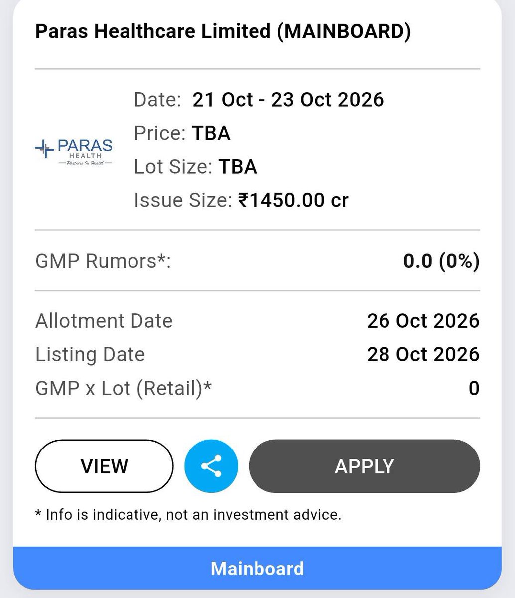 GuideMeTradeOne's tweet photo. 🚨 IPO ALERT | Paras Healthcare Ltd. 🏥

📅 IPO: 21–23 Oct 2026
💰 Issue Size: ₹1,450 Cr
📌 Price &amp; Lot Size: TBA
📅 Listing: 28 Oct 2026

GMP: ₹0 currently.

#ParasHealthcare #IPO #IPOAlert #StockMarket #Investing https://t.co/tvsztfzOEe