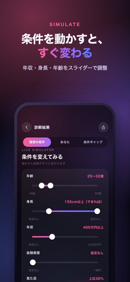 CoreWeight's tweet photo. 「年収だけ変えたら？」を、その場で試す。
理想はある。でも、条件の影響は見えにくい。
PairIndexで年齢・身長・年収を動かし、推定割合の変化を比較。
統計上の推定で、恋愛の成功確率ではありません。
iPhoneで試す → https://t.co/VwZYqBgOfv https://t.co/XCS3c35Csj