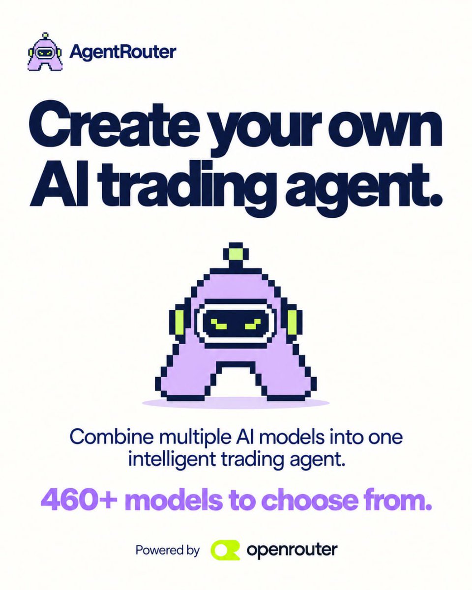 agentroutersol's tweet photo. Introducing AgentRouter.

Create your own AI trading agent with simple prompts, combining the intelligence of multiple AI models into one.

Trade with your agent or list it on the marketplace for others to rent and earn.

460+ AI models powered by @OpenRouter. https://t.co/rJKf1S9NYn