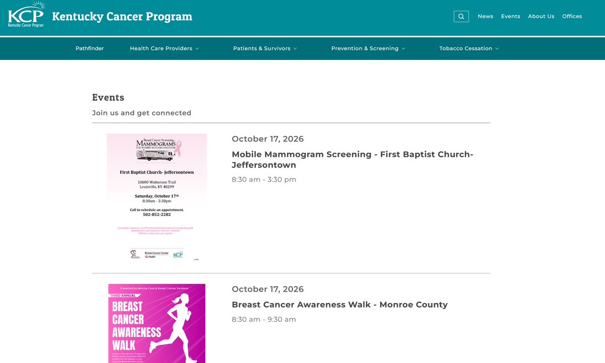 KyCancerProgram's tweet photo. KCP October/November Events/Programs

Check out our Events webpage, https://t.co/jY9Mnn12d5 to see what is happening in your district.

*Mammograms
*Breast Cancer Awareness Walks
*Pink in the Park
*Women's Health Day
*Fall Festival
*Think Pink
*KAAAC Meeting
*Community Health Fair

Join us to help promote breast cancer awareness!